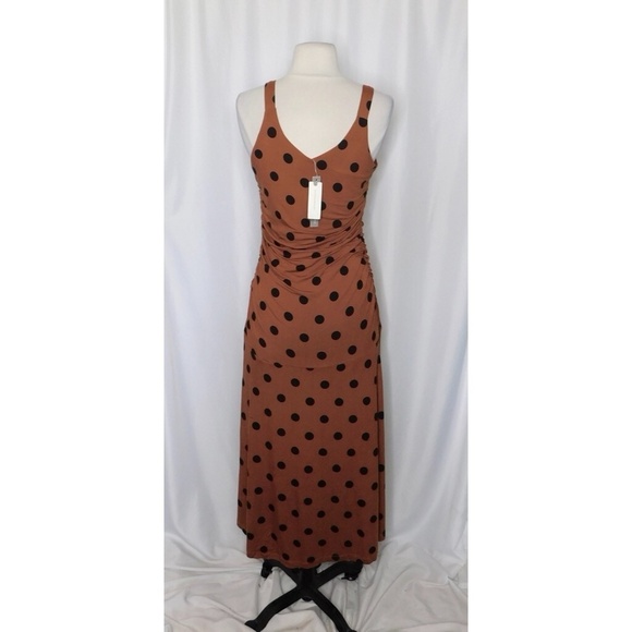 NWT!! ANTHROPOLOGIE Ruched Midi Dress Brown Black Polka Dots Party X-Small - Picture 9 of 14